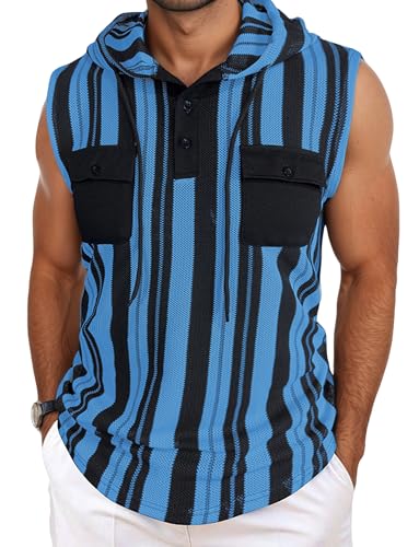 AIEOE Herren Sommer Sportshirt Ärmellos Weste mit Kapuze Gestreifte Kordelzug Tops Sweatshirt mit Taschen 3XL von AIEOE