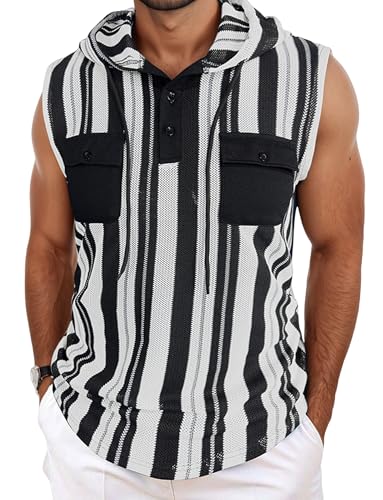 AIEOE Herren Sommer Sportshirt Ärmellos Weste mit Kapuze Gestreifte Kordelzug Tops Sweatshirt mit Taschen 3XL von AIEOE