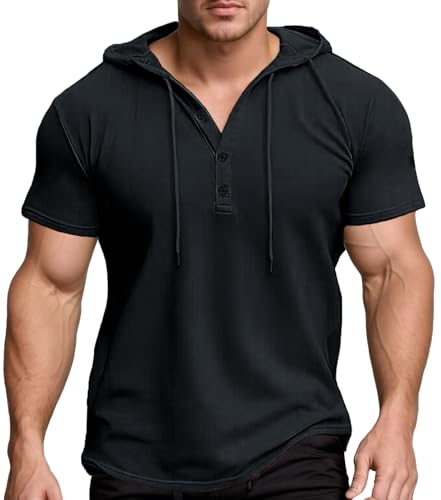 AIEOE Herren Sommer Sportshirt Kurzarm Hoodie mit Kapuze Kurzarmbluse Atmungsaktiv Sweatshirt Knopfleiste Laufhemd Slim Fit Henley Shirt XXL von AIEOE