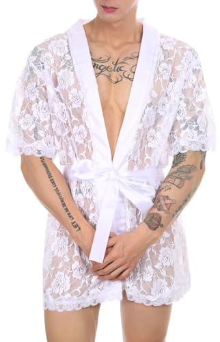 AIEOE Herren Spitze Bademantel Set Lace Morgenmatel und String Sexy Nachtwäsche Weiß mit Unterhose 01 M von AIEOE
