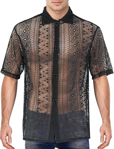 AIEOE Herren Spitze Hemd Durchsichtig Sommerhemd Mesh Shirt Lässig Lace Shirt Transparent Oberteil Kurzarm Freizeithemd Schwarz 4XL AIEOE Herren Spitze Hemd Durchsichtig Sommerhemd Mesh Shirt Lässig Lace Shirt Transparent Oberteil Kurzarm Freizeithemd Schwarz 4XL von AIEOE