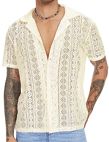 AIEOE Herren Spitze Hemd Kurz Arm Freizeithemd Lace T-Shirt Durchsichtiges Sommerhemd Beige Größe L von AIEOE