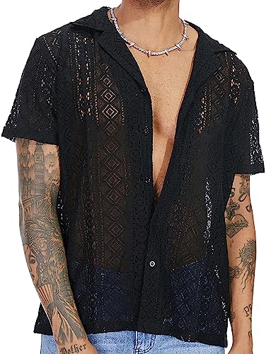 AIEOE Herren Spitze Hemd Kurz Arm Freizeithemd Lace T-Shirt Durchsichtiges Sommerhemd Schwarz Größe S von AIEOE