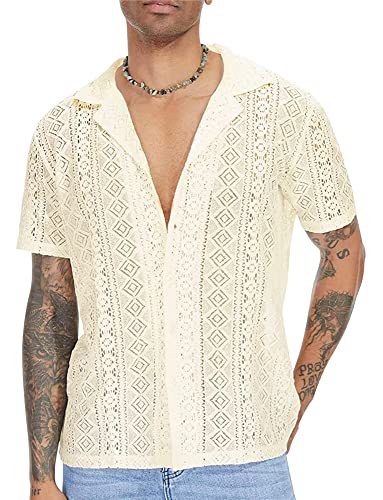 AIEOE Herren Spitze Hemd Sommer Kurzarm Transparent T-Shirt Freizeithemd Männer Lace Shirts V-Ausschnitt Spitzenhemd Lässig Sommerhemd - L von AIEOE