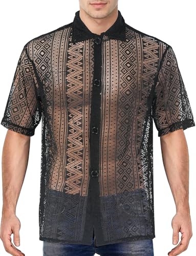AIEOE Herren Spitze Hemd Sommer Kurzarm Transparent T-Shirt Freizeithemd Männer Lace Shirts V-Ausschnitt Spitzenhemd Party Club Wear - S von AIEOE