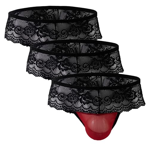 AIEOE Herren Spitze Unterwäsche Sexy Lace Tanga Strings Pouch Underwear Mini Slips Rot x 3 Größe M von AIEOE