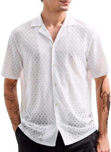 AIEOE Herren Spitzenhemd Kurzarm Sommer Hemdbluse Spitze Transparent Freizeithemd Einfarbig Klassische Blusenshirt Oberteile M von AIEOE