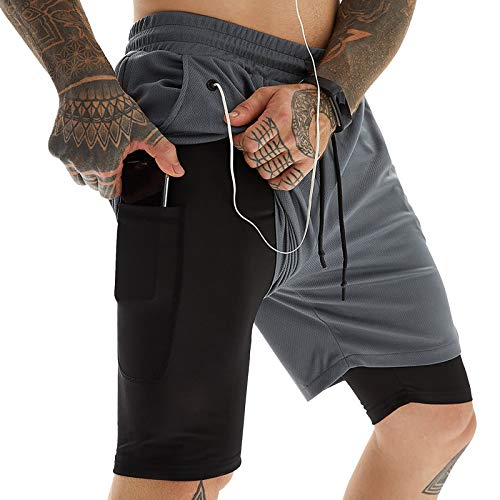 AIEOE Herren Sport Shorts 2-in-1 Trainingshose Schnelltrocknende Laufshorts Sommer Kurze Hose Dunkelgrau Herstellergröße L/EU S von AIEOE