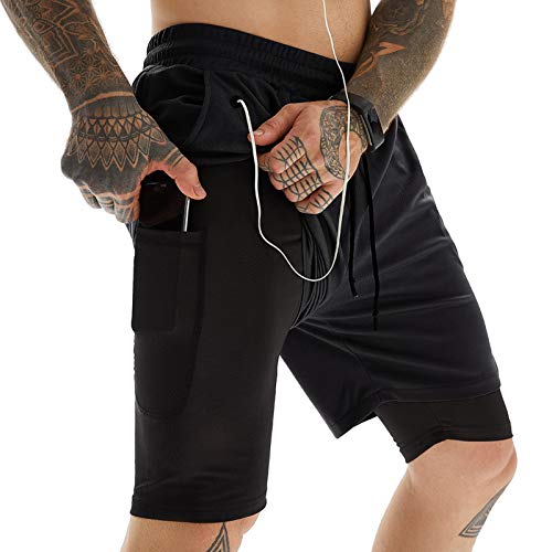 AIEOE Herren Sport Shorts 2-in-1 Trainingshose Schnelltrocknende Laufshorts Sommer Kurze Hose Schwarz Herstellergröße XL/EU M von AIEOE