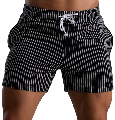 AIEOE Herren Sport Shorts Baumwolle Sweathose Kurz Männer Atmungsaktiv Sweatshorts mit Kordelzug Gestreift Schwarz Herstellergöße 4XL/ EU Größe XXL von AIEOE