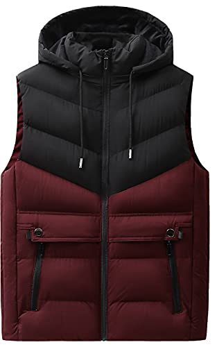 AIEOE Herren Steppweste Weste mit Abnehmbare Kapuze und Reißverschluss Taschen Multifunktionsweste Winterweste,Schwarz+Rot,XXL von AIEOE