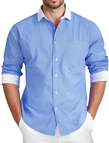 AIEOE Herren Streifen Hemd Button Down Langarmhemd Sommer Skinny Arbeitshemd mit Taschen XL von AIEOE