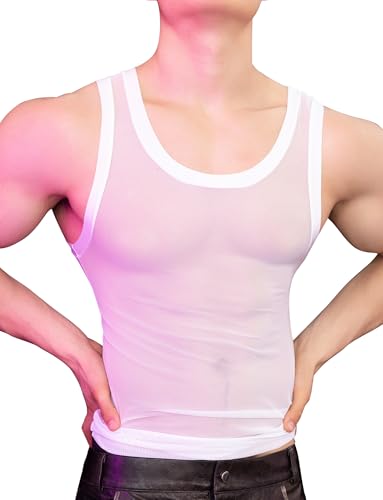 AIEOE Herren Stretch Unterhemd Ärmellos Netz T-Shirt Eng Anliegendes Tank Top Leicht Dünn Muskelshirts Weiß Einheitsgröße für Größe S-L von AIEOE