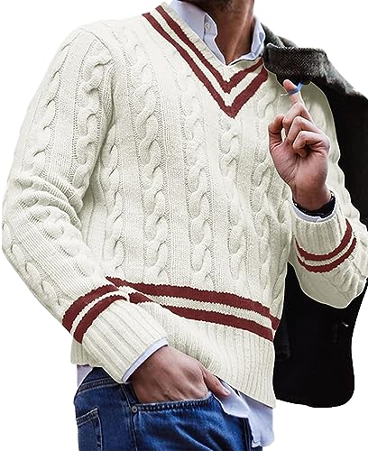AIEOE Herren Strickpullover V-Ausschnitt Pullover Winter Pulli Sweater für Männer Weiß Herstellergröße L/EU Größe M von AIEOE