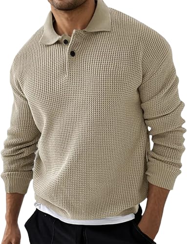 AIEOE Herren Strickpullover mit Polokragen Gestrickt Pullover Langarm Sweater Waffelmuster Pulli Beige Größe L von AIEOE