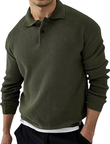 AIEOE Herren Strickpullover mit Polokragen Gestrickt Pullover Langarm Sweater Waffelmuster Pulli Dunkelgrün Größe L von AIEOE