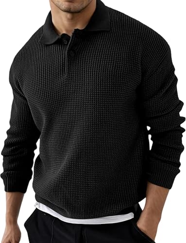 AIEOE Herren Strickpullover mit Polokragen Gestrickt Pullover Langarm Sweater Waffelmuster Pulli Schwarz Größe L von AIEOE