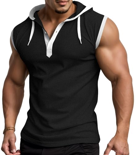 AIEOE Herren T Shirt Ärmellos Henley Shirt Dünn Sportshirt mit Kapuze Muskelshirt Rundhals Knopf Waffel Shirt Slim Sweatshirt Tops XXL von AIEOE