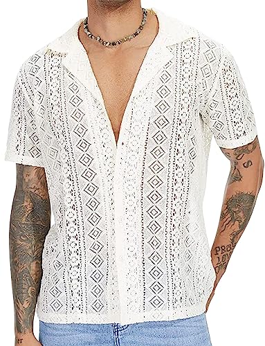 AIEOE Herren T-Shirt Kurzarm Spitzenhemd Atmungsaktive Sommer Oberteil Sexy Clubwear Männer Top Weiß Größe M von AIEOE