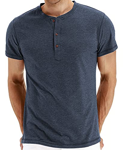 AIEOE Herren T-Shirt mit Henley Kragen Kurzarm Shirt aus Baumwolle für Freizeit Dunkelblau L von AIEOE