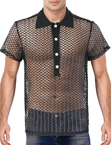 AIEOE Herren Transparent Shirts Netz Hemd Sommer Kurzarm Freizeithemd Fischnetz T-Shirt Männer Spitzenhemd V-Ausschnitt Party Club Wear - 3XL von AIEOE