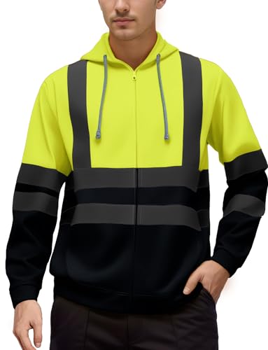 AIEOE Herren Warnschutzjacke Winter Outdoor Hi-Viz Arbeitsjacke mit Innenfleece Warnjacke Reißverschluss Hoodie Jacke mit Reflektoren Warnschutz Kapuzenpullover Sicherheitsjacke - M von AIEOE