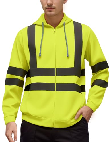AIEOE Herren Warnschutzjacke Winter Outdoor Hi-Viz Arbeitsjacke mit Innenfleece Warnjacke Reißverschluss Hoodie Jacke mit Reflektoren Warnschutz Kapuzenpullover Sicherheitsjacke - XL von AIEOE