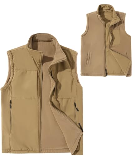 AIEOE Herren Weste Winter 2-in-1 Fleeceweste Sport Wendeweste Softshellweste Ärmellose Jacke Khaki Herstellergröße XL/EU Größe M von AIEOE