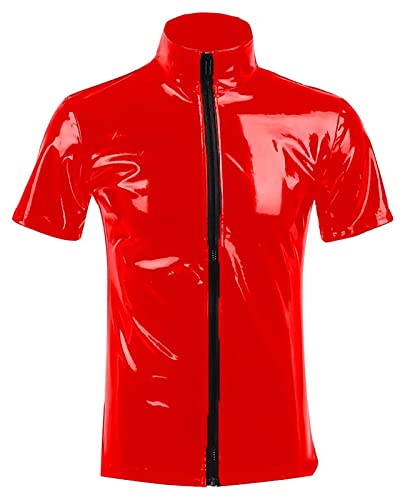 AIEOE Herren Wetlook Jacke Kurzarm PU Leder T-Shirt mit Reißverschluss Sexy Kostüm Lackleder Unterhemd Rot 01 Herstellergröße 7XL/ EU Größe XXL von AIEOE