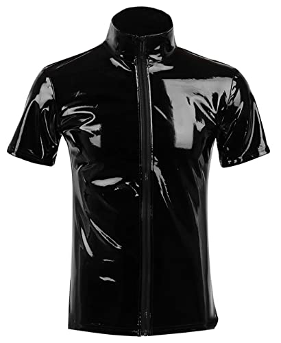 AIEOE Herren Wetlook Jacke Kurzarm PU Leder T-Shirt mit Reißverschluss Sexy Kostüm Lackleder Unterhemd Schwarz 01 Herstellergröße 3XL/ EU Größe L von AIEOE