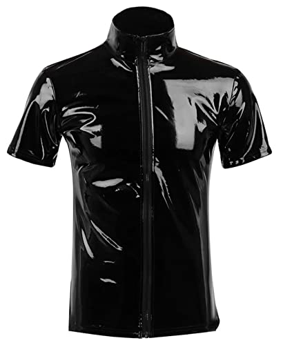 AIEOE Herren Wetlook Jacke Kurzarm PU Leder T-Shirt mit Reißverschluss Sexy Kostüm Lackleder Unterhemd Schwarz 01 Herstellergröße 5XL/ EU Größe XL von AIEOE