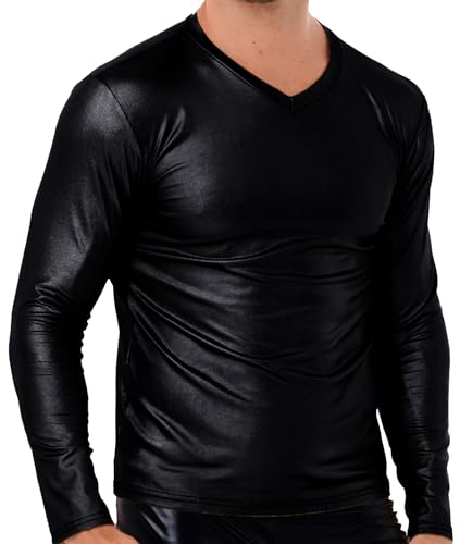 AIEOE Herren Wetlook Langarmshirt V-Ausschnitt Unterhemd in Leder-Optik Schwarz D Herstellergröße 5XL/ EU Größe L von AIEOE