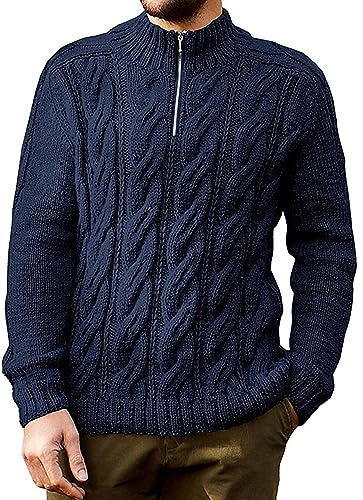 AIEOE Herren Winter Pullover Troyer Pulli mit Drittelreißverschluss Strickpullover Zopfstrickmuster Blau Herstellergröße XXL/EU Größe XL von AIEOE