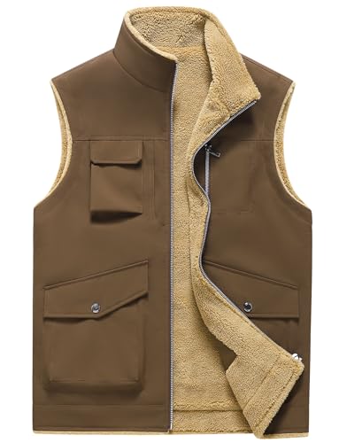 AIEOE Herren Winter Weste Warm Gefüttert Outdoor Herrenweste Wasserabweißende Jacke Ärmellos Winddicht Braun Herstellergröße 3XL/ EU Größe L von AIEOE