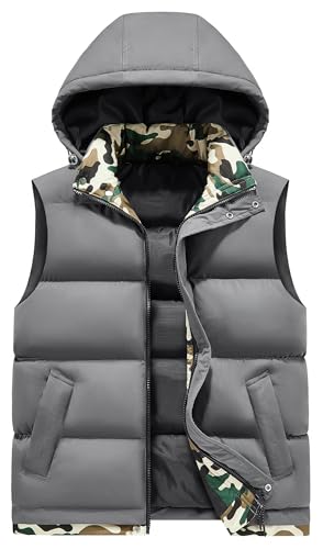 AIEOE Herren Winterweste Leicht Warm Steppweste Camouflage Patchwork Pufferweste mit Abnehmbare Kapuze Weste Herbst Winter Stehkragen Ärmellos Jacke - EU XL (Asie 4XL) von AIEOE