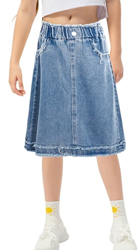 AIEOE Jeans Röcke Kinder Denim Rock Lang Rock Mädchen A-Linie Jean Röcke Midirock Hohe Taille Gerade Rock Raw Edge Cowboy 150cm Blau von AIEOE