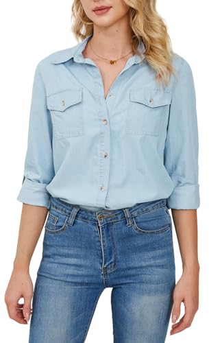 AIEOE Jeanshemd Damen Denim Blusen Langarm Hemden Button Down Blusen Elegant Arbeitsshirt Casual Oberteile Business Freizeithemd Jeansbluse mit V-Ausschnitt L Hellblau von AIEOE