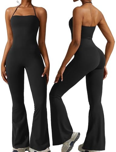 AIEOE Jumpsuit Damen Hochzeit Festlich Elegant Lang Weites Bein Eng Yoga Bodysuit Playsuits Overall Stretch Armellos Größe M Schwarz von AIEOE