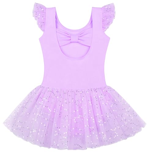 AIEOE Kinder Mädchen Baumwolle Kleider Ballett mit Paillette Schleifen Kurzarm Ballettanzug Tanzkleid Ballettkleidung Mädchen 9-10 Jahre Violett von AIEOE