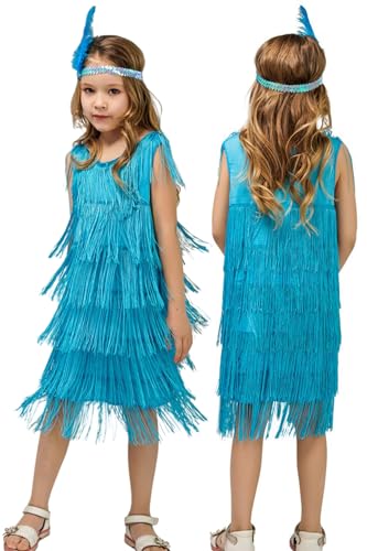 AIEOE Kleider mit Feder Stirnband Ärmellos für Mädchen mit Quaste Tanz Performance Kostüme 10-12 Jahre Blau von AIEOE