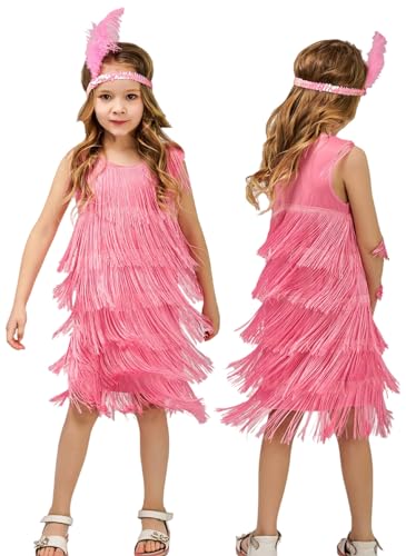 AIEOE Kleider mit Feder Stirnband Ärmellos für Mädchen mit Quaste Tanz Performance Kostüme 10-12 Jahre Rosa von AIEOE