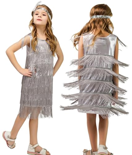 AIEOE Kleider mit Feder Stirnband Ärmellos für Mädchen mit Quaste Tanz Performance Kostüme 10-12 Jahre Silber von AIEOE