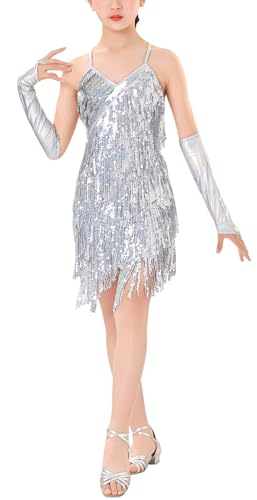 AIEOE Latein Tanzkleid Mädchen Latein Tanzrock Fransen Mädchen Tanzkleid Mädchen Fransen Samba Rumba Cha Cha Cha 8-9 Jahre Silber von AIEOE