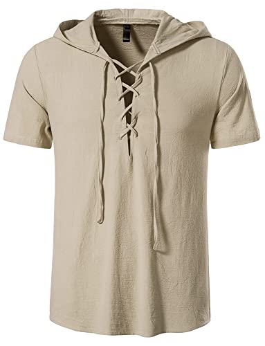 AIEOE Leinen Sweatshirt Herren Kurzarm Hoodie Sommer Henley Shirt Leicht Dünn Leinenhemd Freizeithemd mit Kapuze Baumwolle Casual T-Shirt - XL von AIEOE