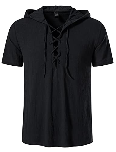 AIEOE Leinen Sweatshirt Herren Kurzarm Hoodie Sommer Henley Shirt Leicht Dünn Leinenhemd Freizeithemd mit Kapuze Baumwolle Casual T-Shirt - XL von AIEOE