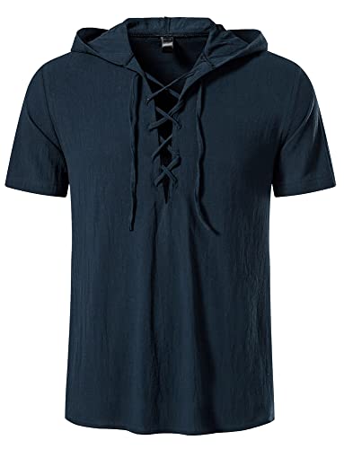 AIEOE Leinenhemd Herren Kurzarm Hoodie Dünn Baumwolle Henley Shirt mit Kapuze Sommer Casual Hemd T-Shirt Atmungsaktiv Leicht Freizeithemd - S von AIEOE