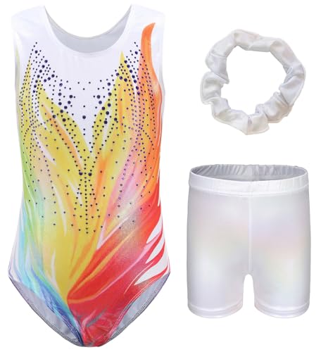 AIEOE Leotard Mädchen Ärmellos Gymnastikanzug mit Hose Glänzende Turnanzug Trikot Akrobatik Anzug Gymnastik Kleidung Set mit Haarband Tanzkostüme 11-12 Jahre Milchig Weiß von AIEOE