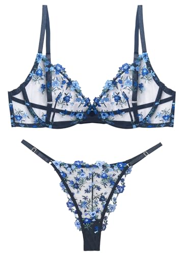 AIEOE Lingerie Set Damen Spitze BH mit String Slip Damen Dessous Set BH Bra Unterhose Lace Underwear Set mit verstellbaren Trägern - L von AIEOE