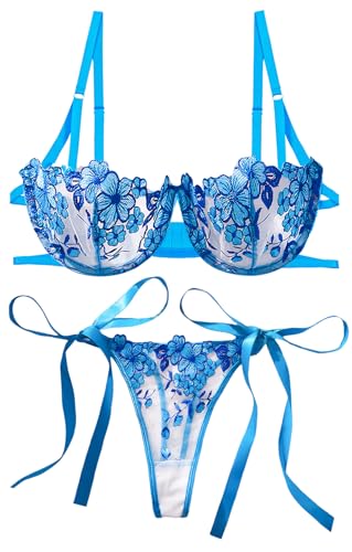 AIEOE Lingerie Set for Women Spitze BH mit String Slip Damen Dessous Set BH mit Bügel Bra Thong Lace Underwear Set mit verstellbaren Trägern von AIEOE