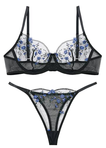AIEOE Lingerie Set for Women Spitze BH mit String Slip Damen Dessous Set BH mit Bügel Bra Thong Lace Underwear Set mit verstellbaren Trägern von AIEOE